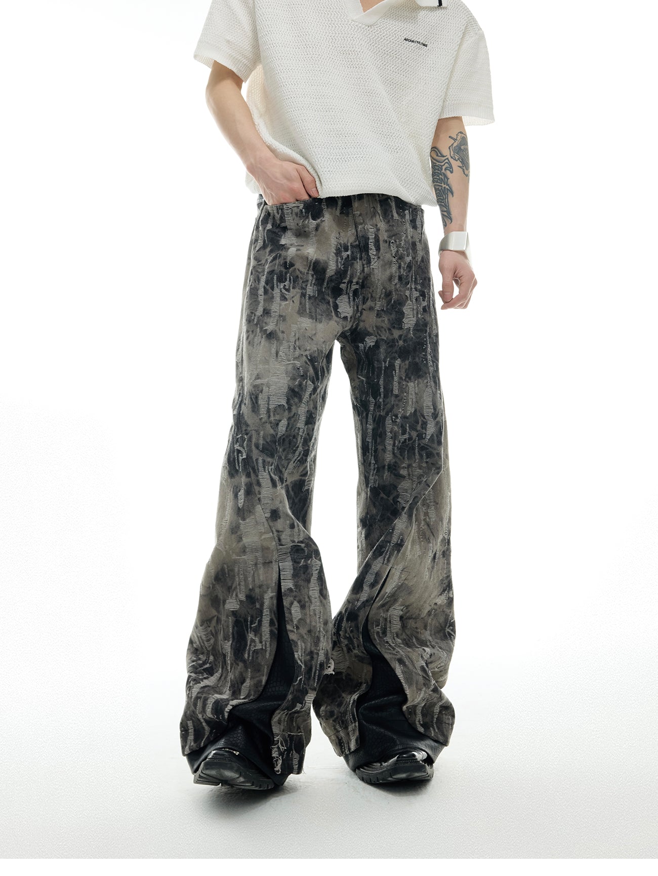 【25s May.】PU Leather Patchwork Ink-splashed Jeans