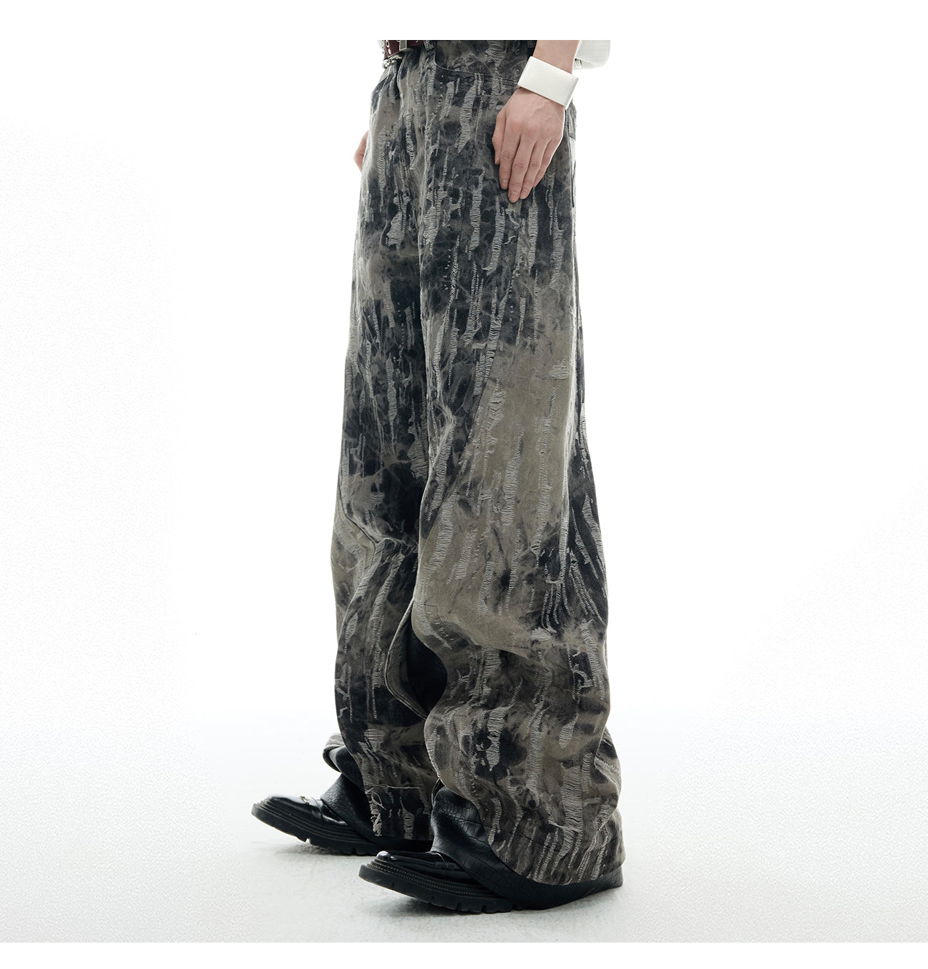 【25s May.】PU Leather Patchwork Ink-splashed Jeans