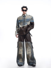 【24s Nov.】Vintage Distressed Patchwork Leather Denim Jacket ArtsKoreanMan