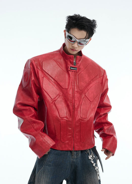 【25s Aug.】3D Relief Motorcycle Armor Leather Jacket