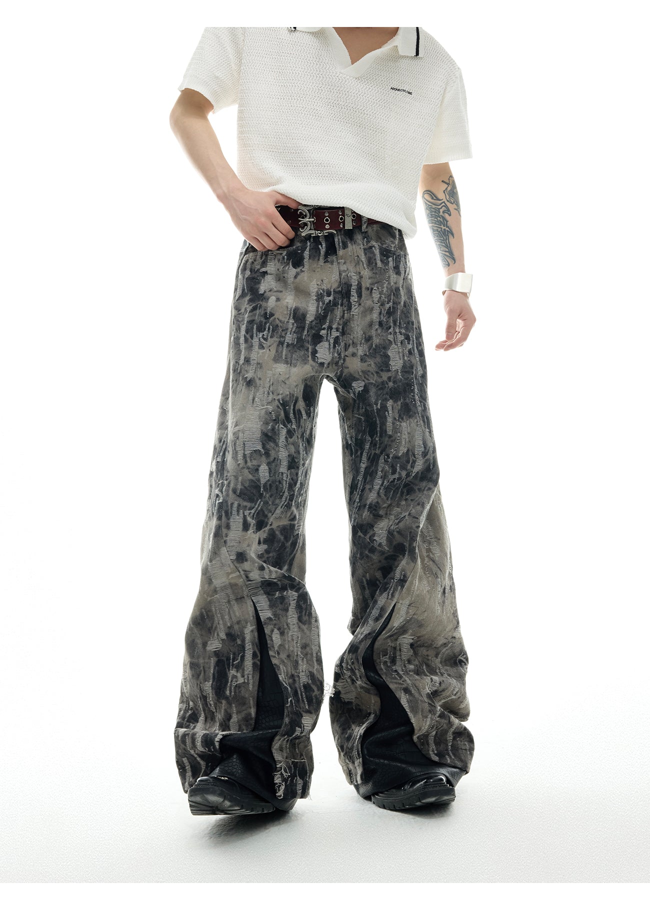 【25s May.】PU Leather Patchwork Ink-splashed Jeans