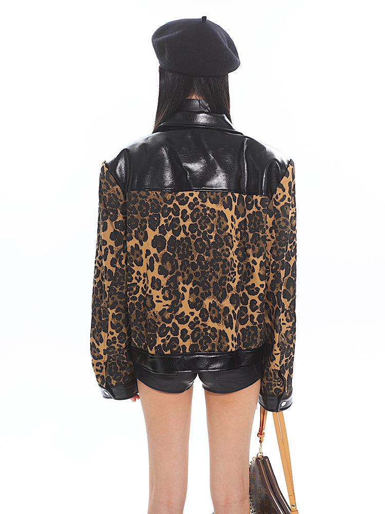 【24s Nov.】Leopard Print Motorcycle Jacket with Leather Lapel ArtsKoreanMan