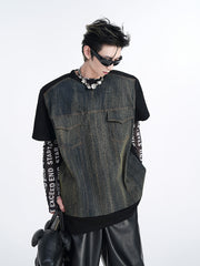 【24s Aug.】American Retro Denim Patchwork T-shirt ArtsKoreanMan