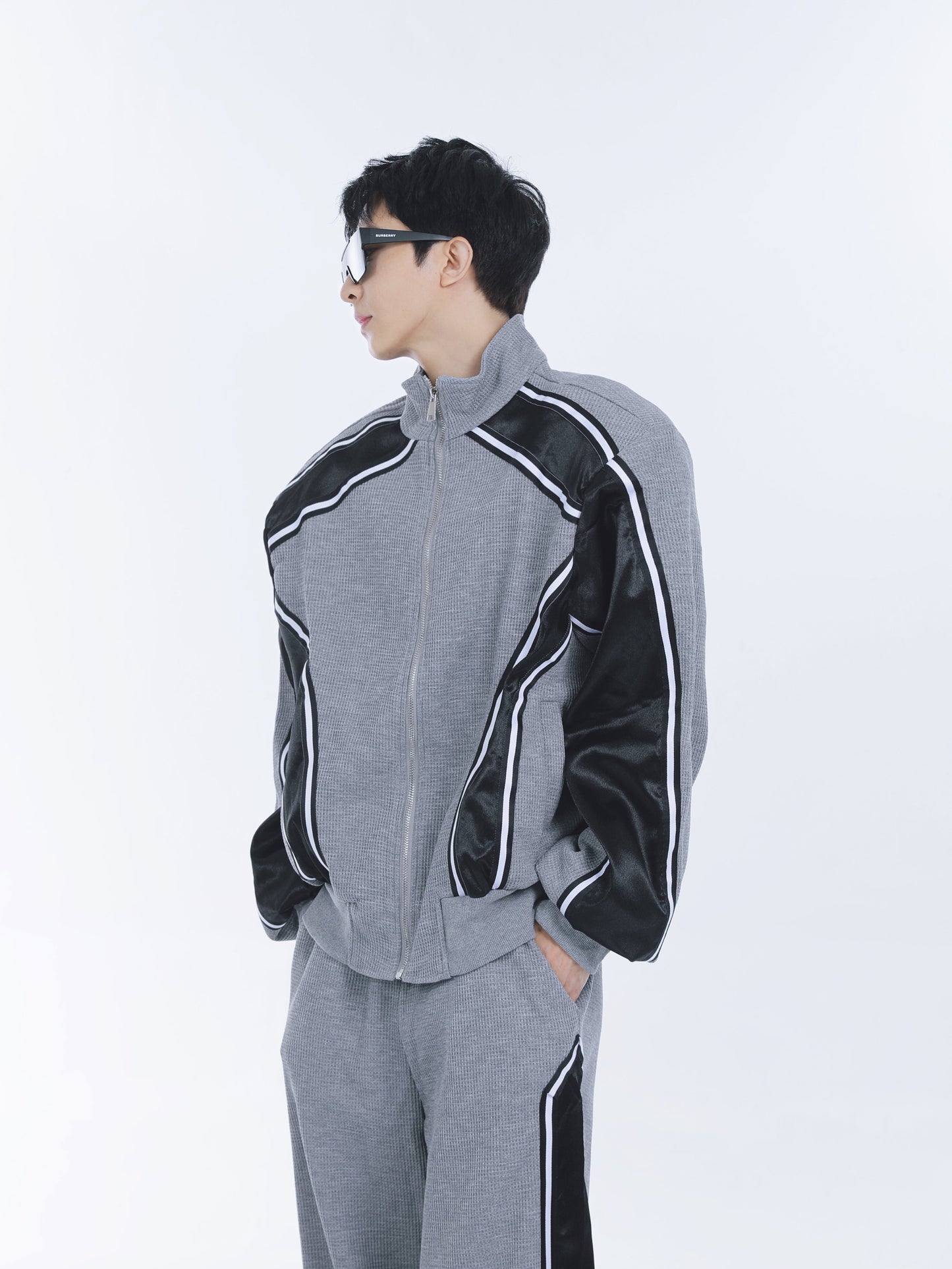 【23s September.】Striped Patchwork Waffle Sweatshirt Wide-Leg Pants Suit -M ArtsKoreanMan