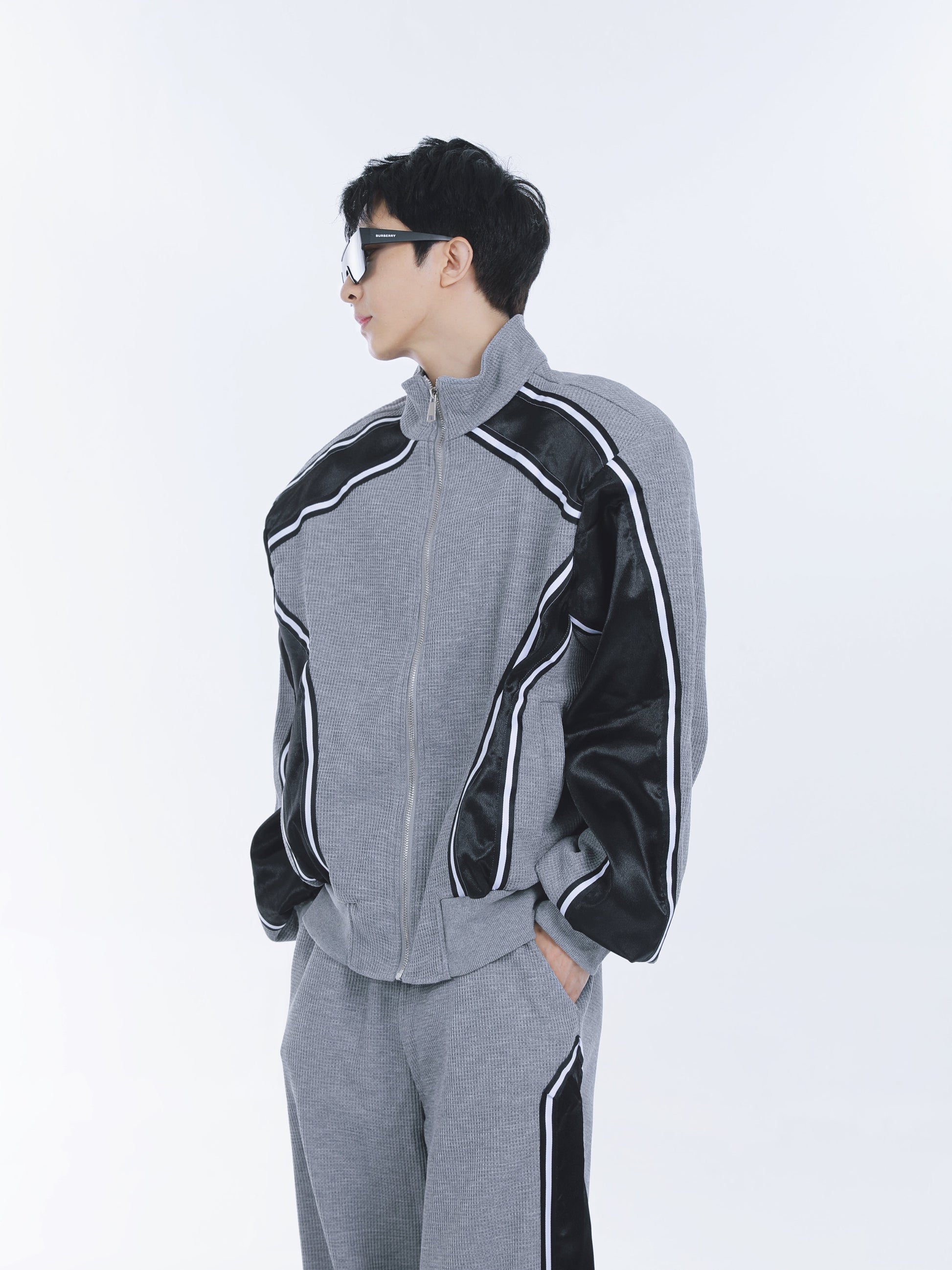 【23s September.】Striped Patchwork Waffle Sweatshirt Wide-Leg Pants Suit -M ArtsKoreanMan