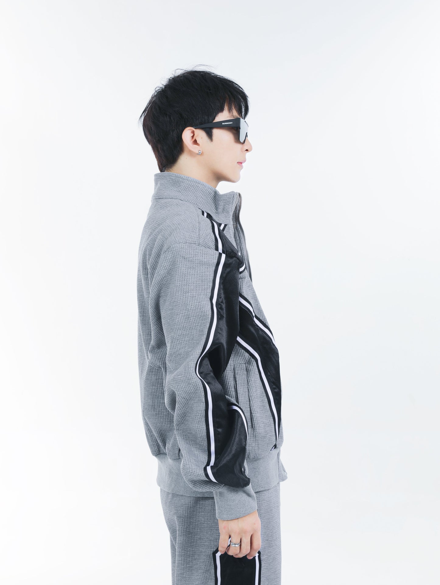 【23s September.】Striped Patchwork Waffle Sweatshirt Wide-Leg Pants Suit -M ArtsKoreanMan