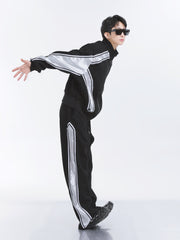 【23s September.】Striped Patchwork Waffle Sweatshirt Wide-Leg Pants Suit -M ArtsKoreanMan
