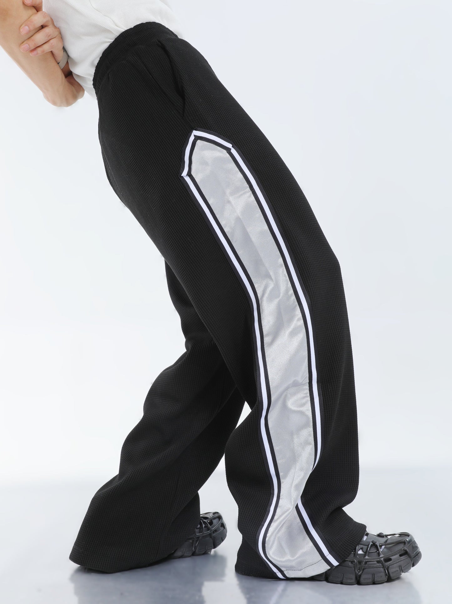 【23s September.】Striped Patchwork Waffle Sweatshirt Wide-Leg Pants Suit -M ArtsKoreanMan