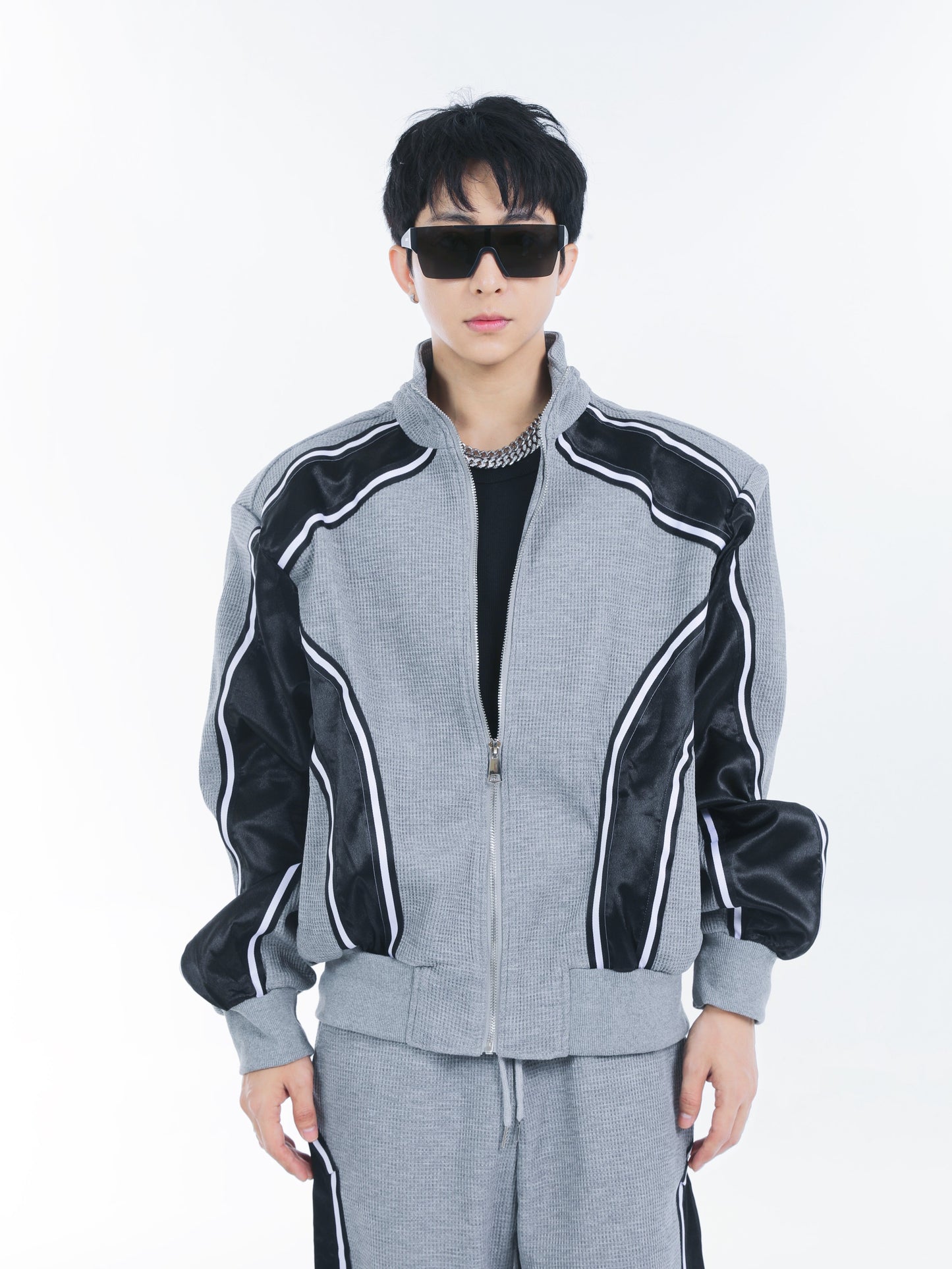 【23s September.】Striped Patchwork Waffle Sweatshirt Wide-Leg Pants Suit -M ArtsKoreanMan