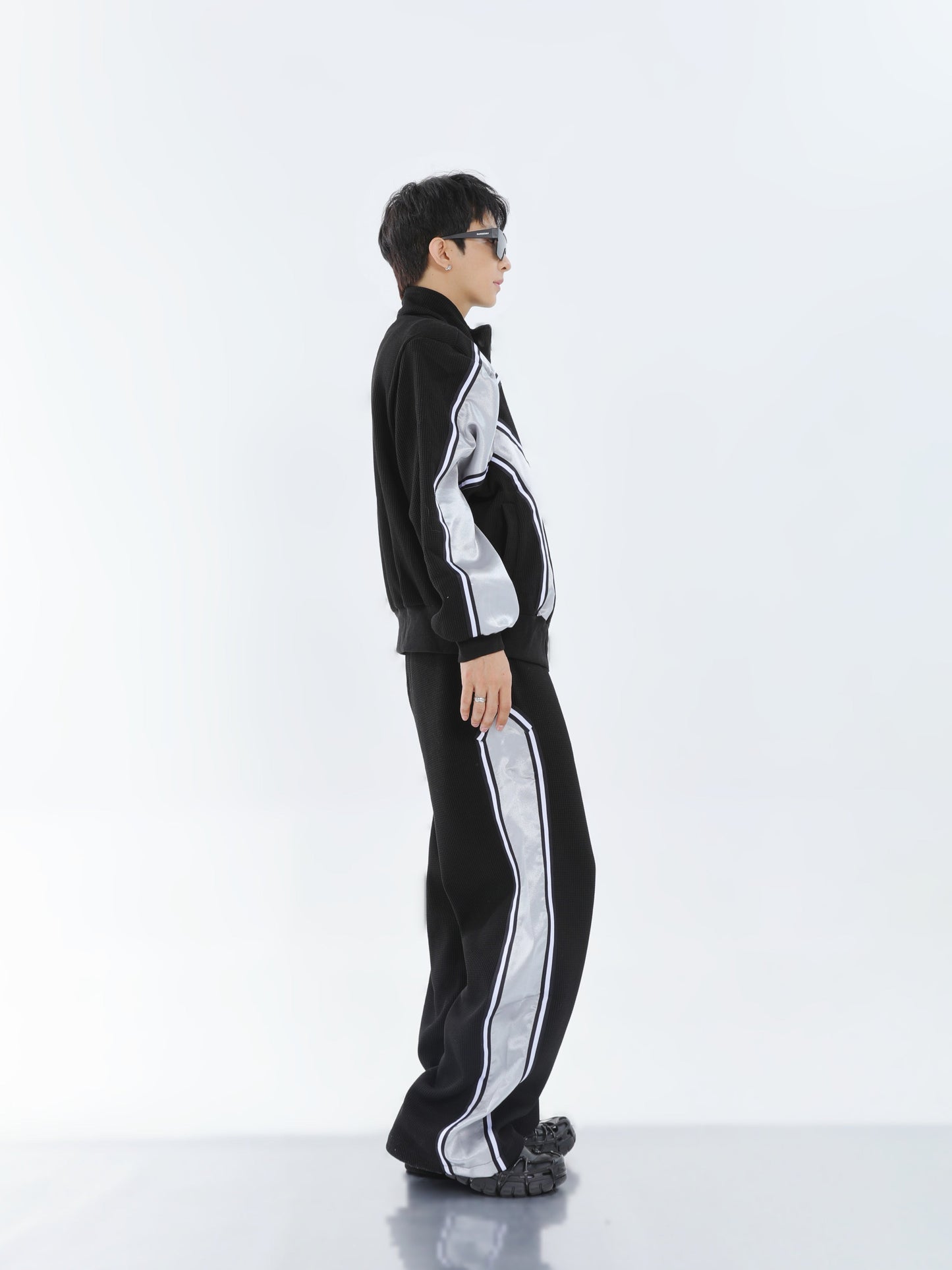 【23s September.】Striped Patchwork Waffle Sweatshirt Wide-Leg Pants Suit -M ArtsKoreanMan