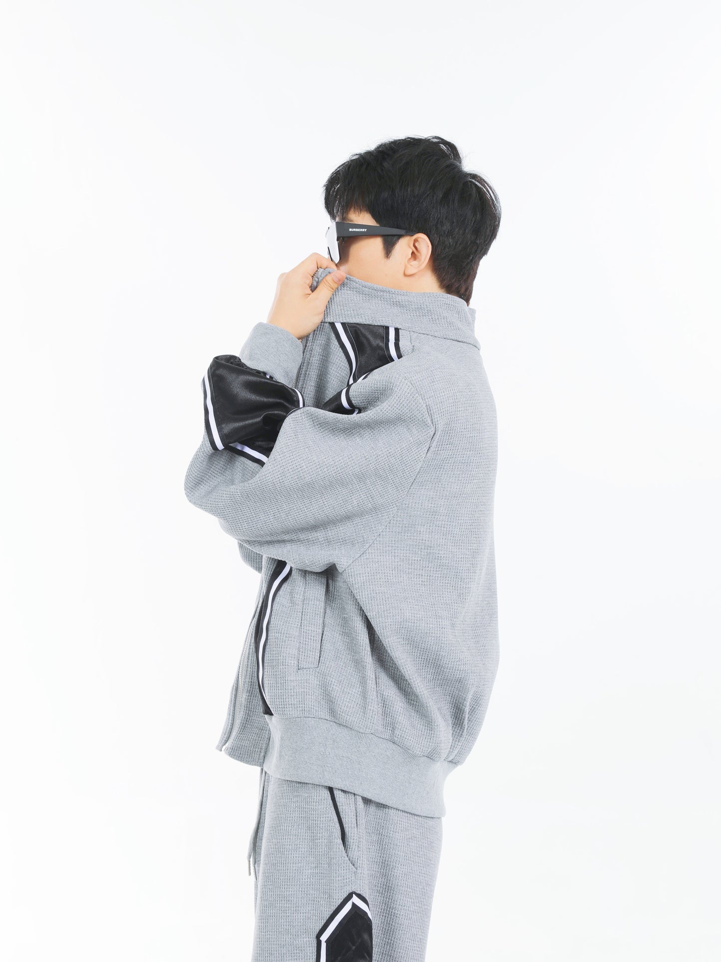 【23s September.】Striped Patchwork Waffle Sweatshirt Wide-Leg Pants Suit -M ArtsKoreanMan