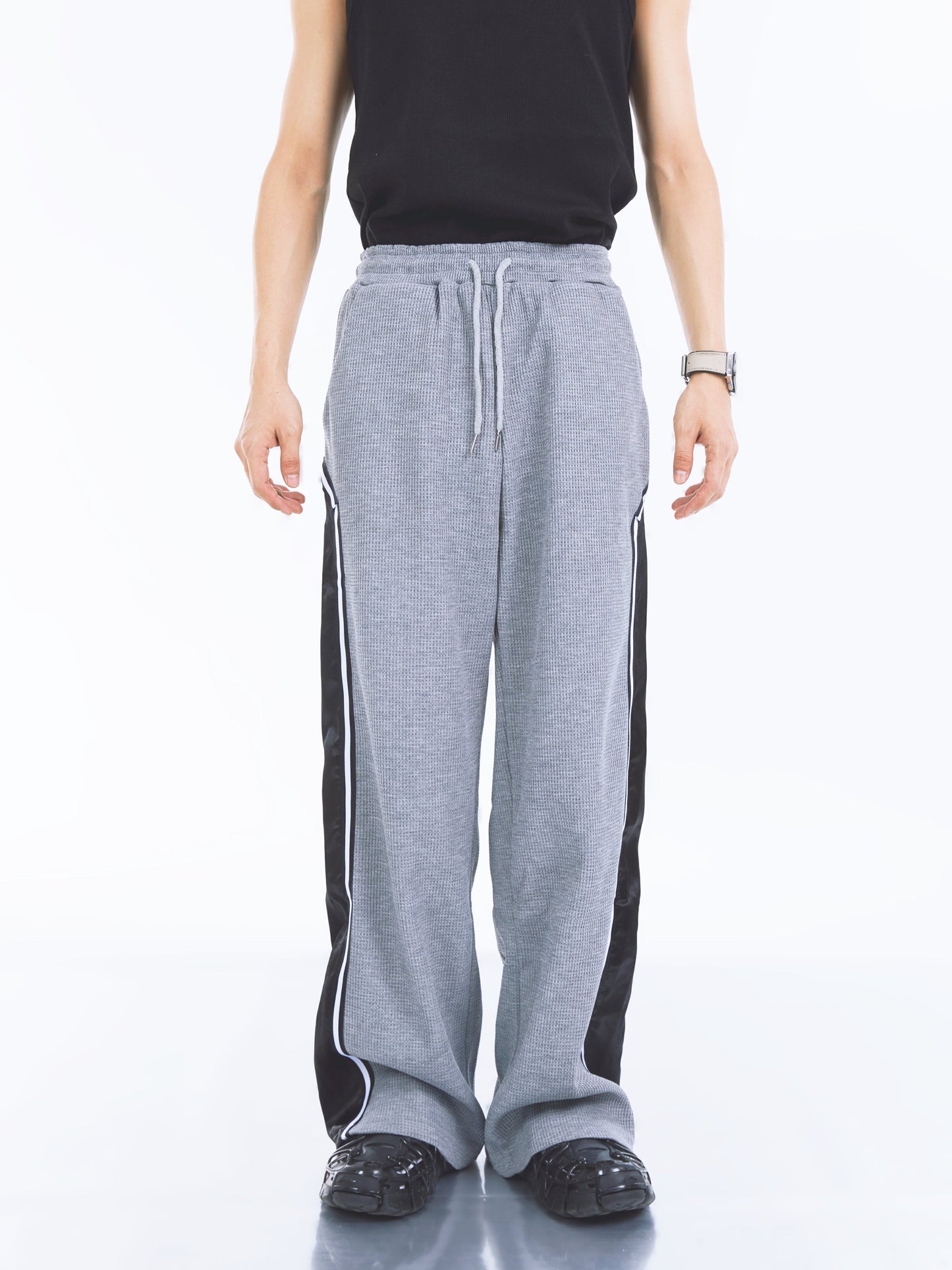 【23s September.】Striped Patchwork Waffle Sweatshirt Wide-Leg Pants Suit -M ArtsKoreanMan