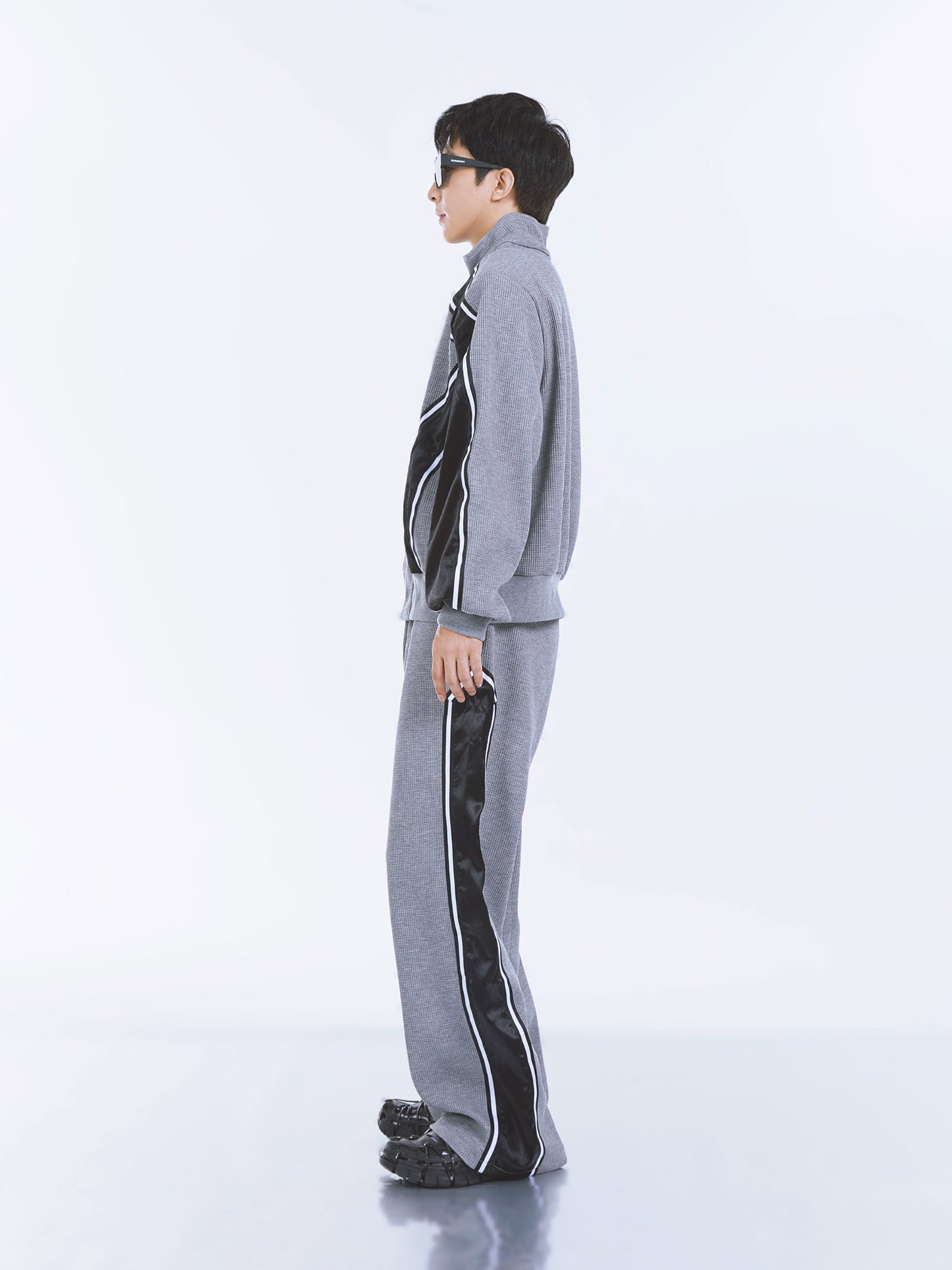 【23s September.】Striped Patchwork Waffle Sweatshirt Wide-Leg Pants Suit -M ArtsKoreanMan