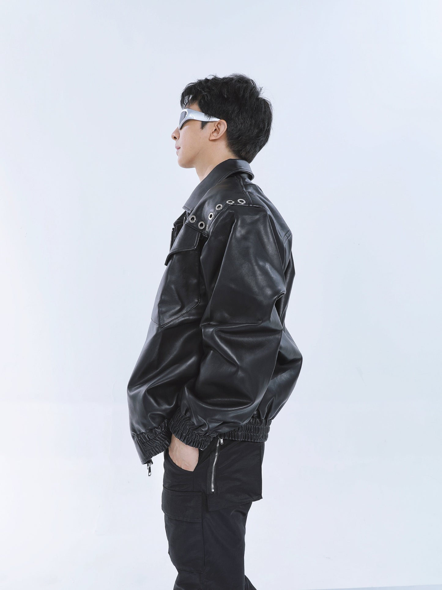 【23s September.】Metal Rivet-embellished Silhouette Leather Jacket -L ArtsKoreanMan