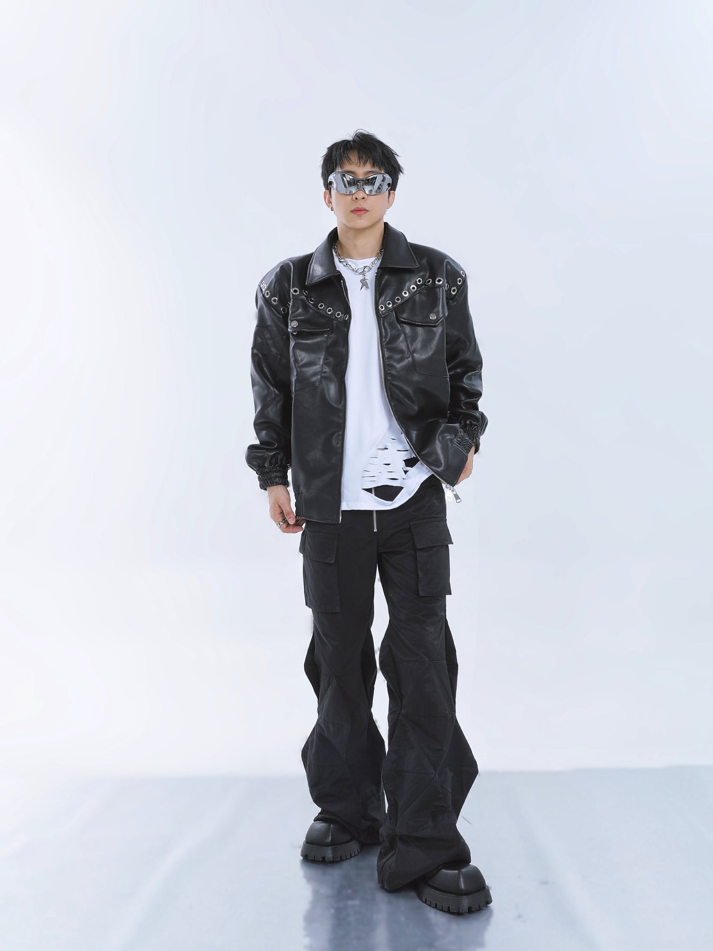 【23s September.】Metal Rivet-embellished Silhouette Leather Jacket -L ArtsKoreanMan