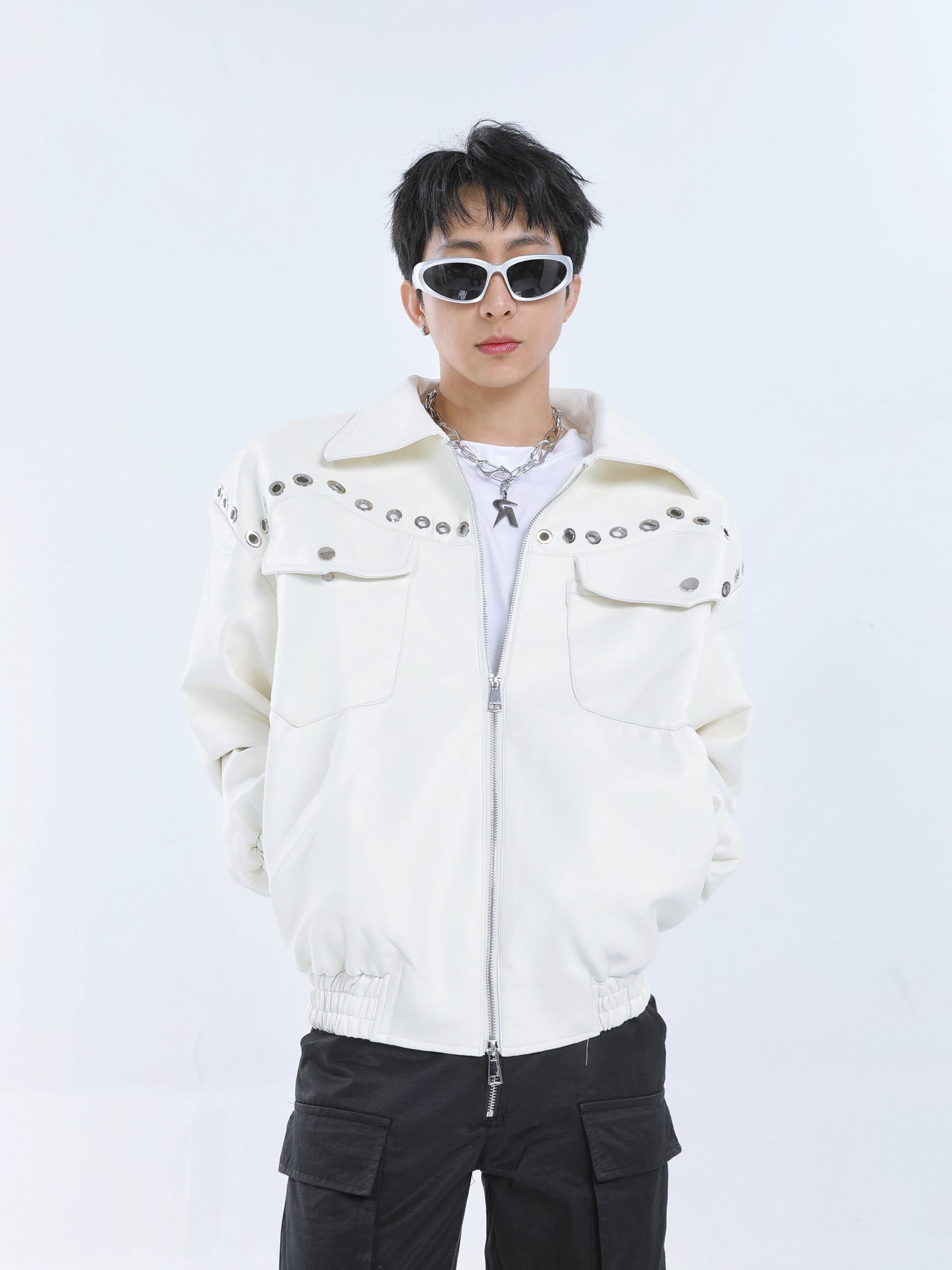 【23s September.】Metal Rivet-embellished Silhouette Leather Jacket -L ArtsKoreanMan