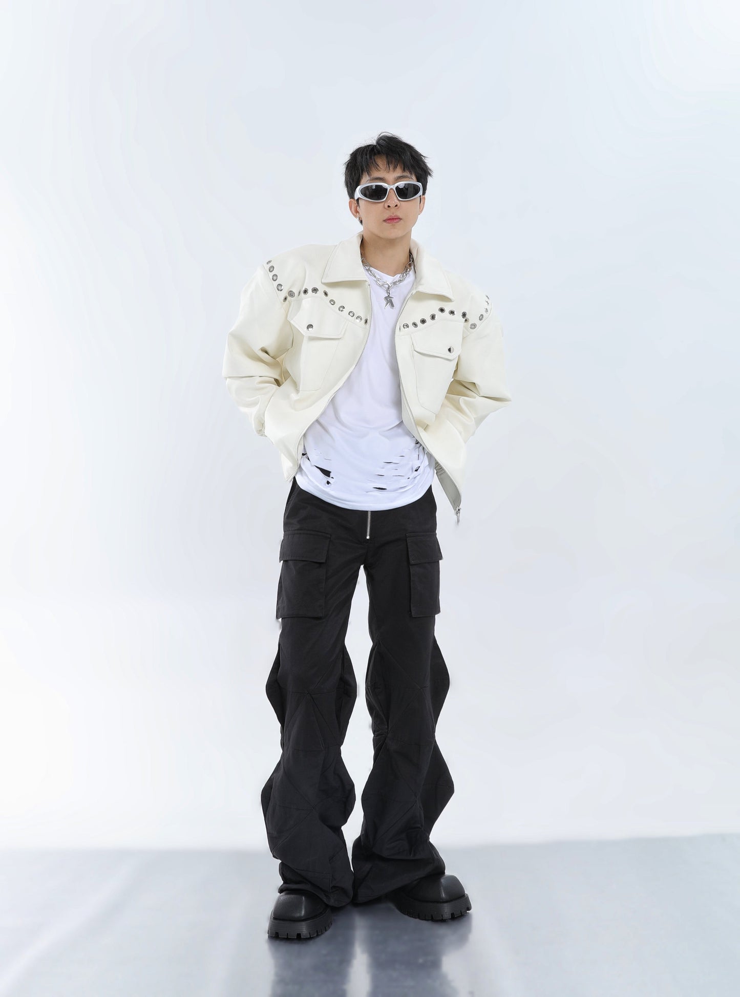 【23s September.】Metal Rivet-embellished Silhouette Leather Jacket -L ArtsKoreanMan