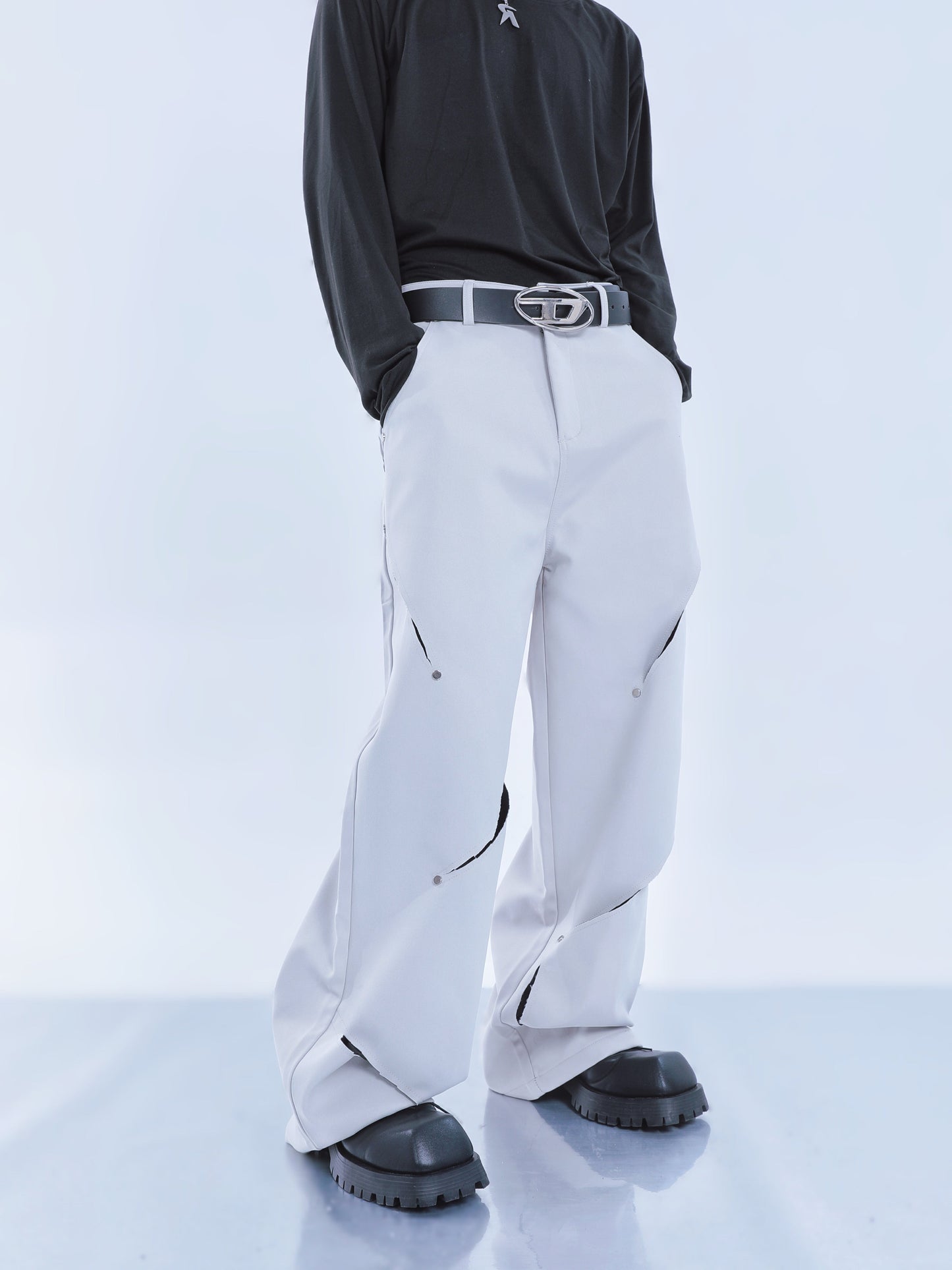 【23s September.】Cut-out Contrast Straight-leg Trousers -S ArtsKoreanMan
