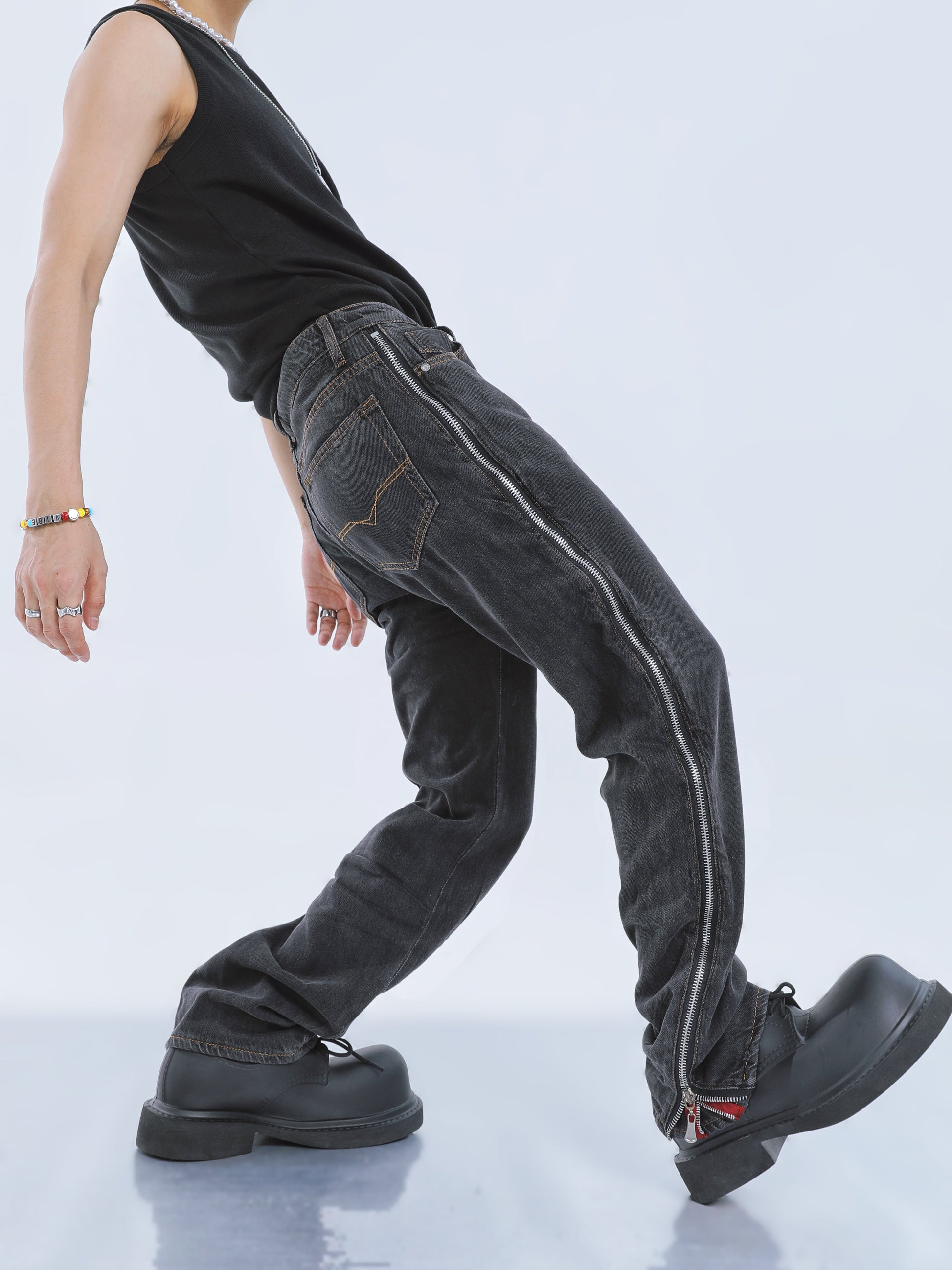 【23s September.】Contrast Striped Double Zip Jeans -M ArtsKoreanMan