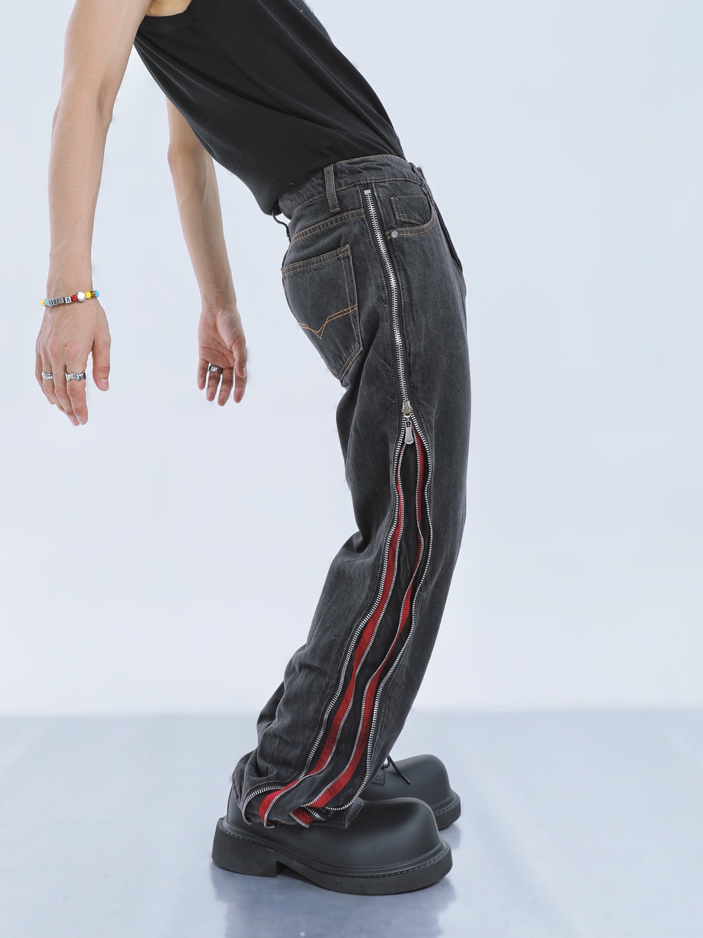 【23s September.】Contrast Striped Double Zip Jeans -M ArtsKoreanMan