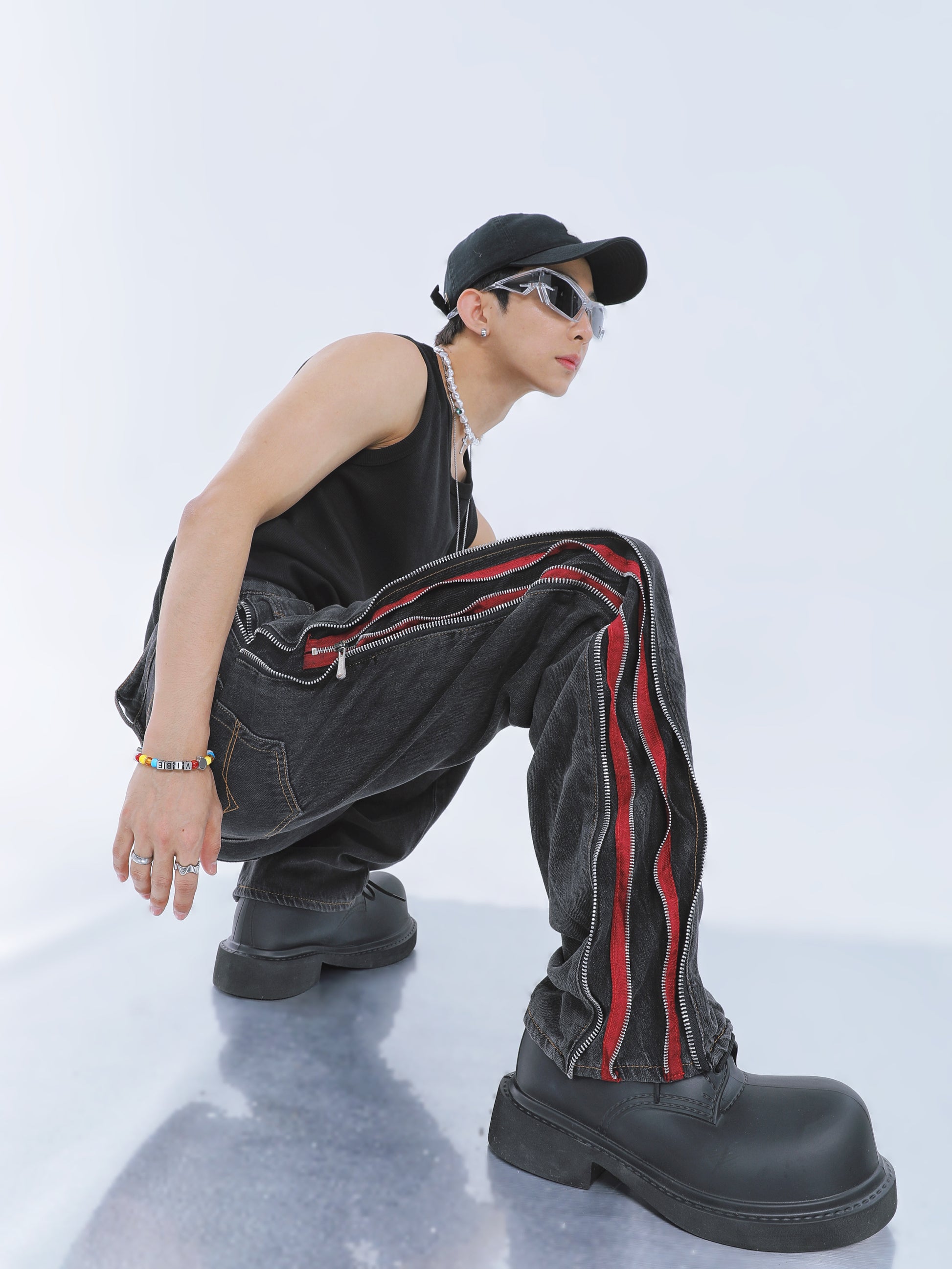 【23s September.】Contrast Striped Double Zip Jeans ArtsKoreanMan