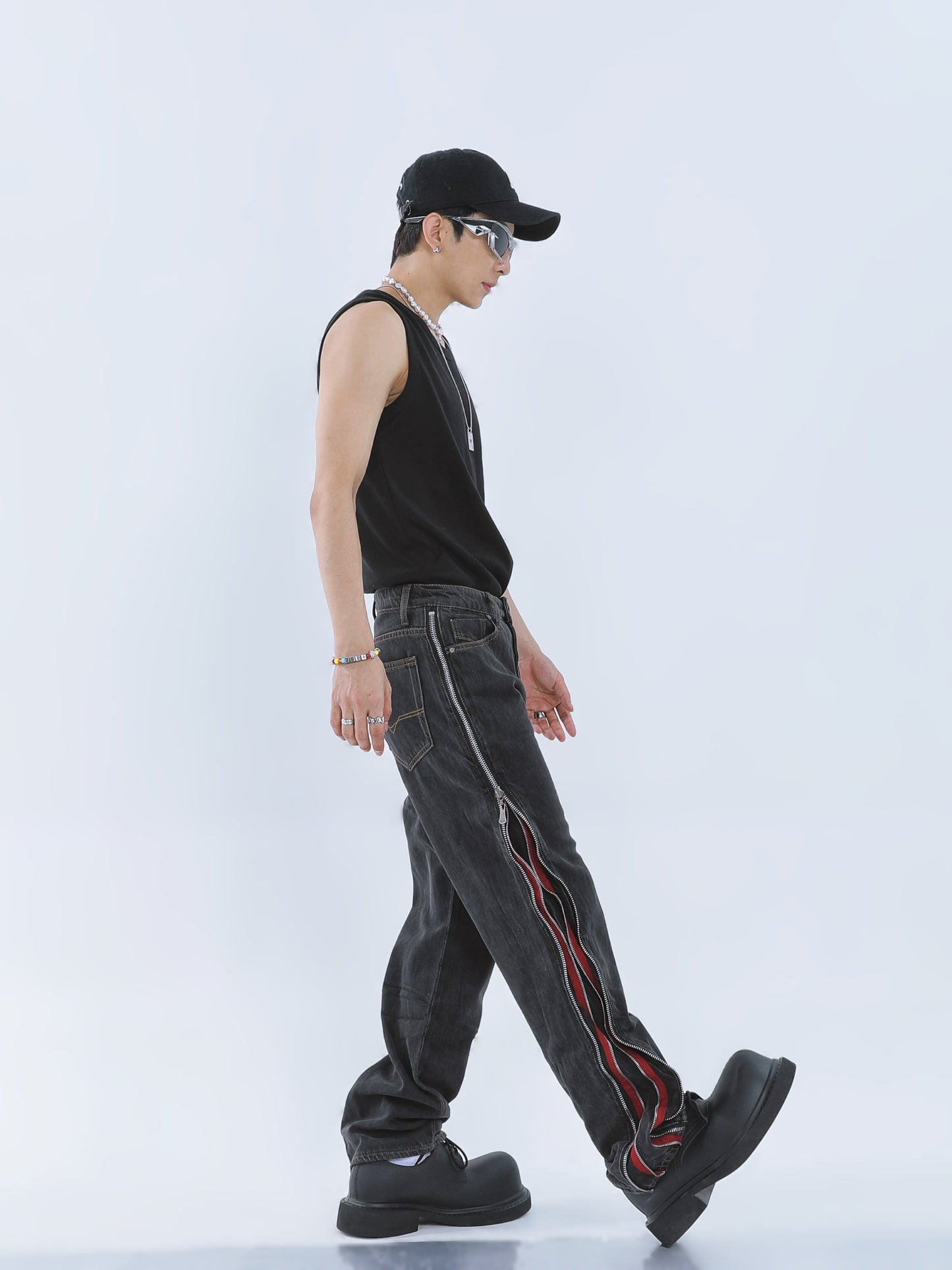 【23s September.】Contrast Striped Double Zip Jeans -M ArtsKoreanMan