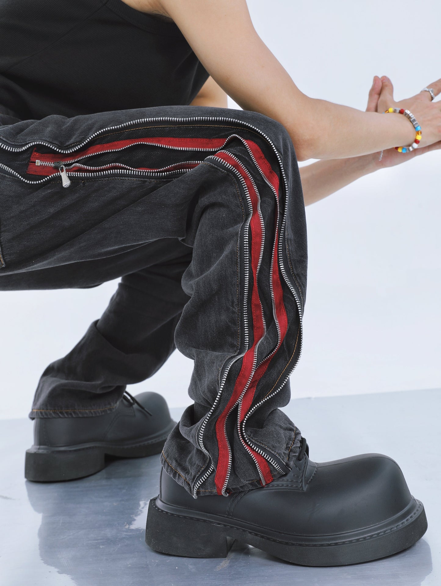【23s September.】Contrast Striped Double Zip Jeans -M ArtsKoreanMan