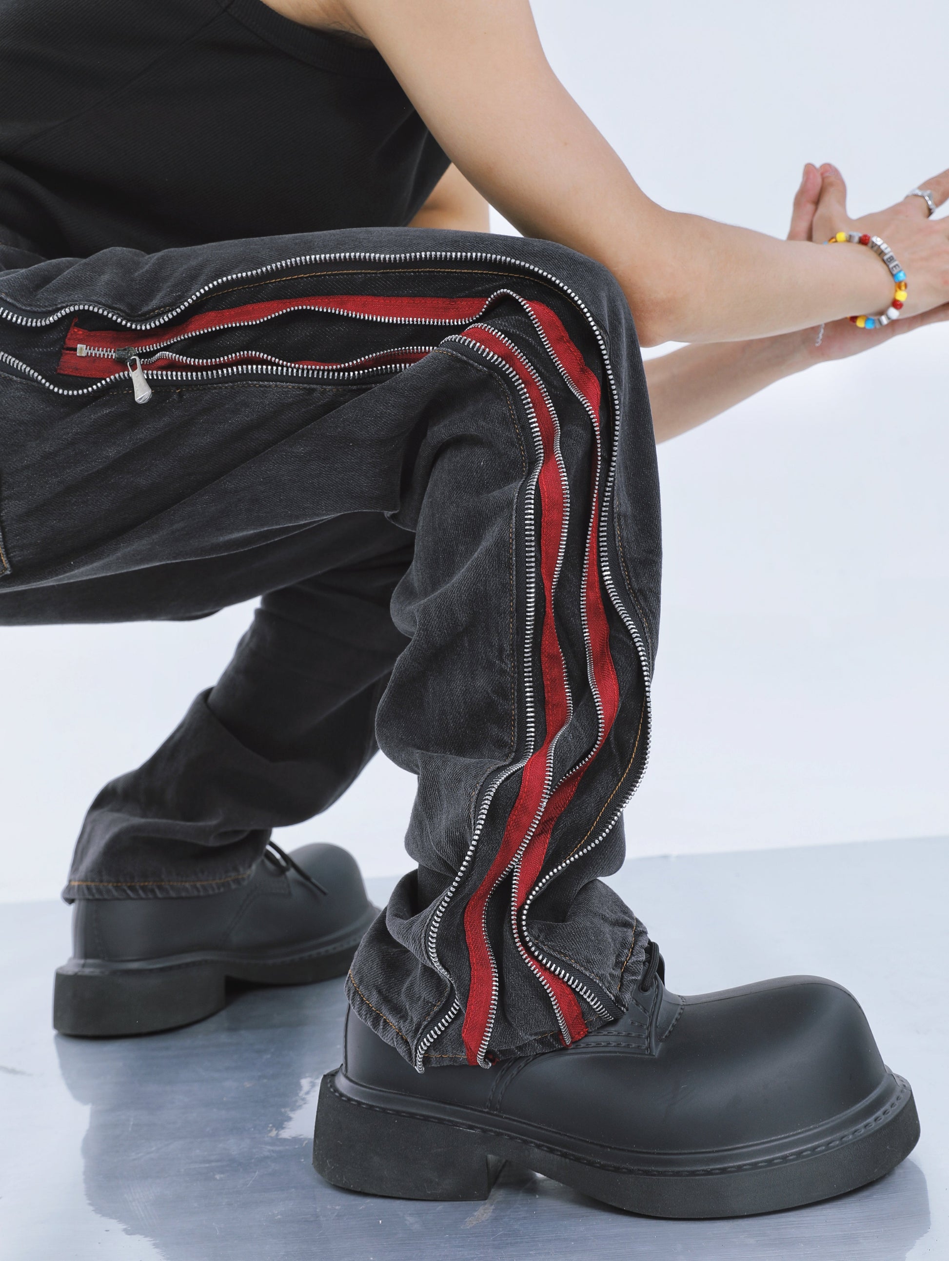 【23s September.】Contrast Striped Double Zip Jeans -M ArtsKoreanMan