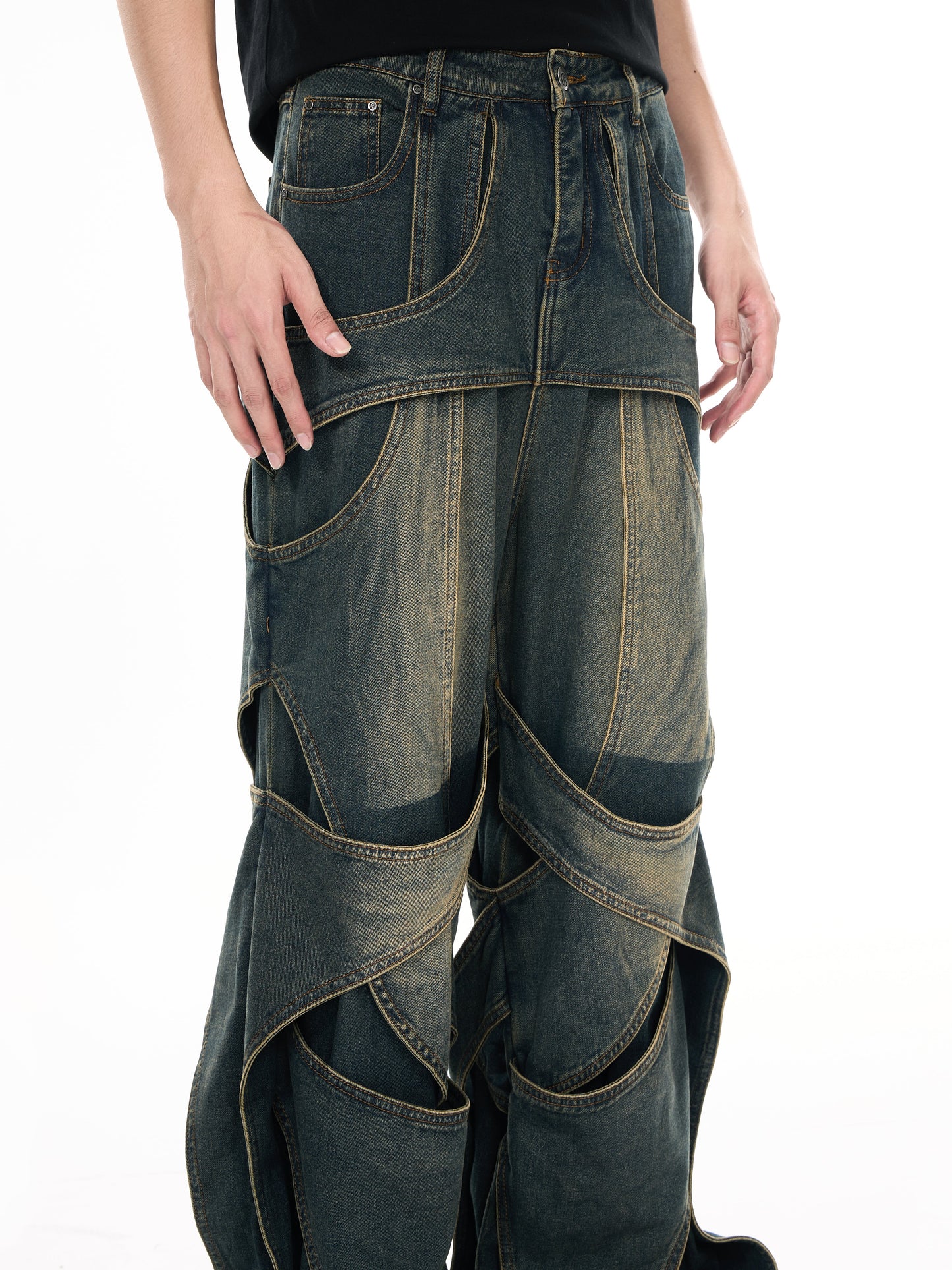 3D Distressed Washed Hollow Jeans