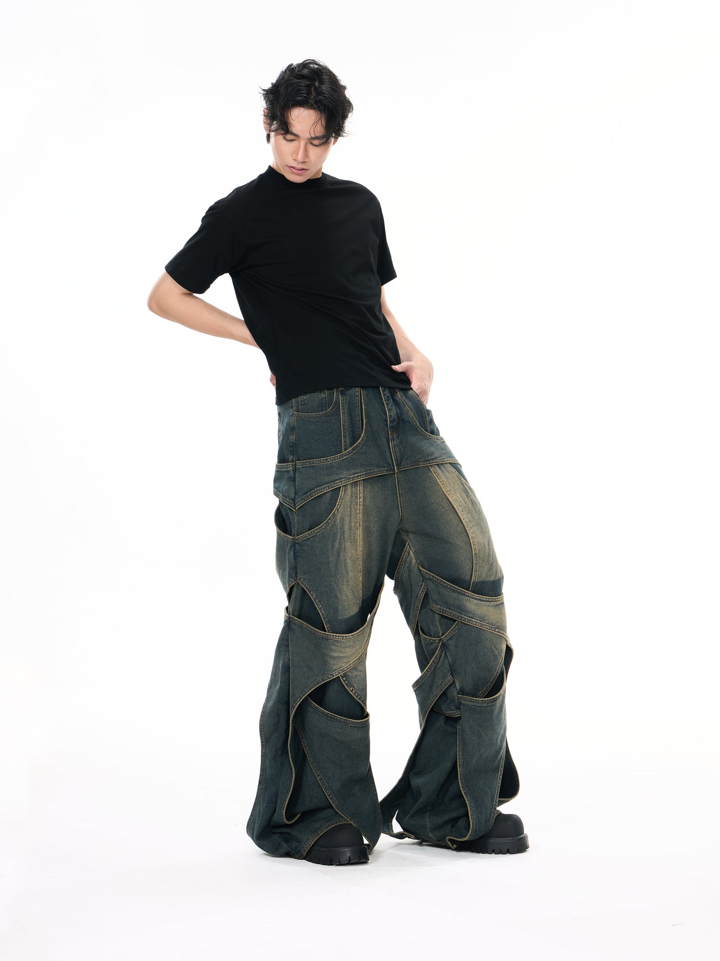 3D Distressed Washed Hollow Jeans
