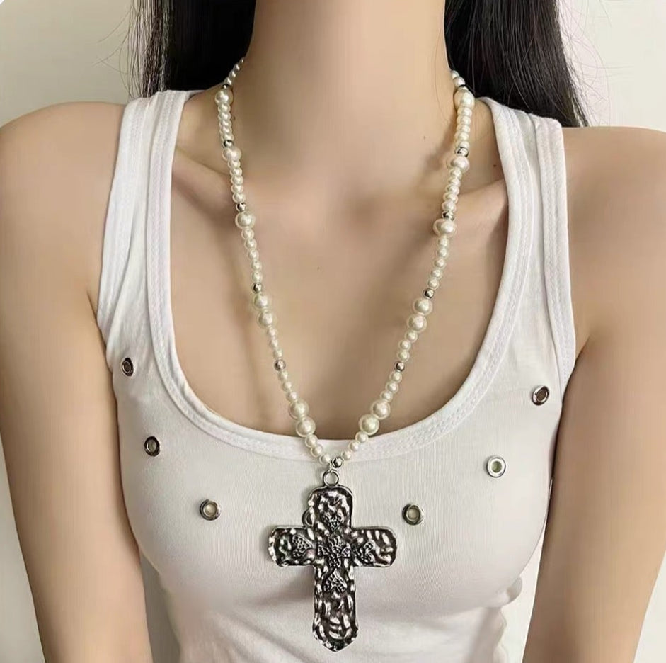 Punk Silver Large Cross Heavy Industry Necklace