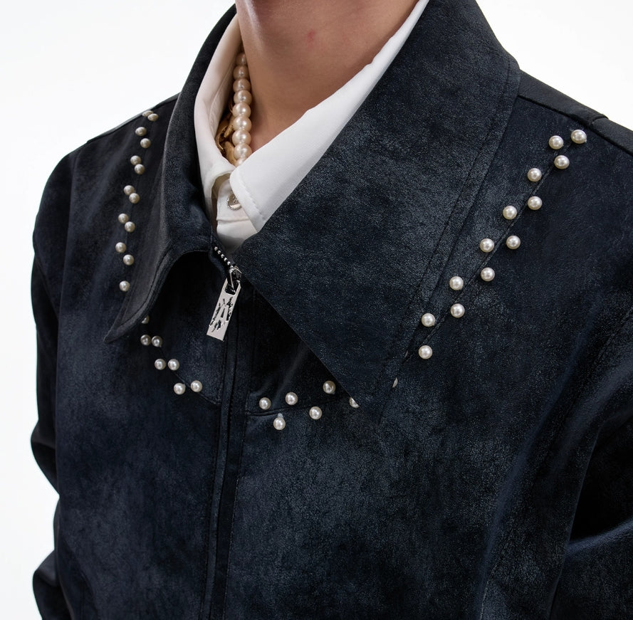 【25s Aug.】Pearl Deconstructed Textured Cropped Leather Jacket