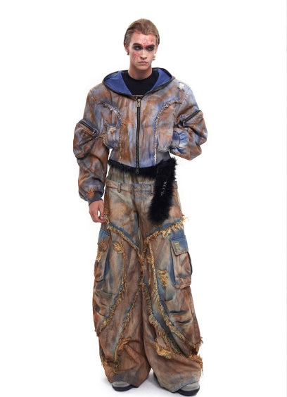 【25s Aug.】Deconstructed Wasteland Style Distressed Mud-dyed Denim Jacket / Patchwork Jeans