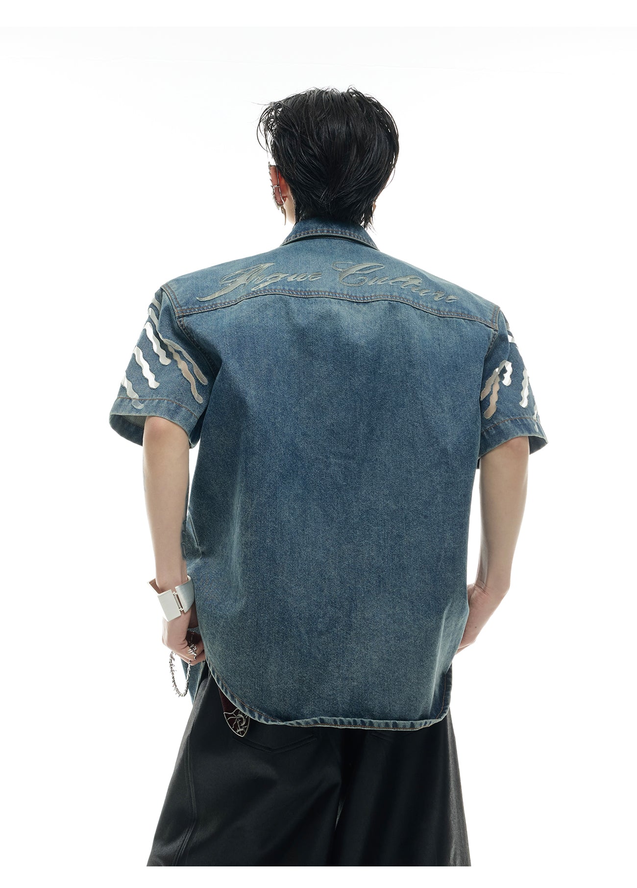 【25s Jun.】Splicing Hollow Short-Sleeved Denim / Mesh Splicing Jeans