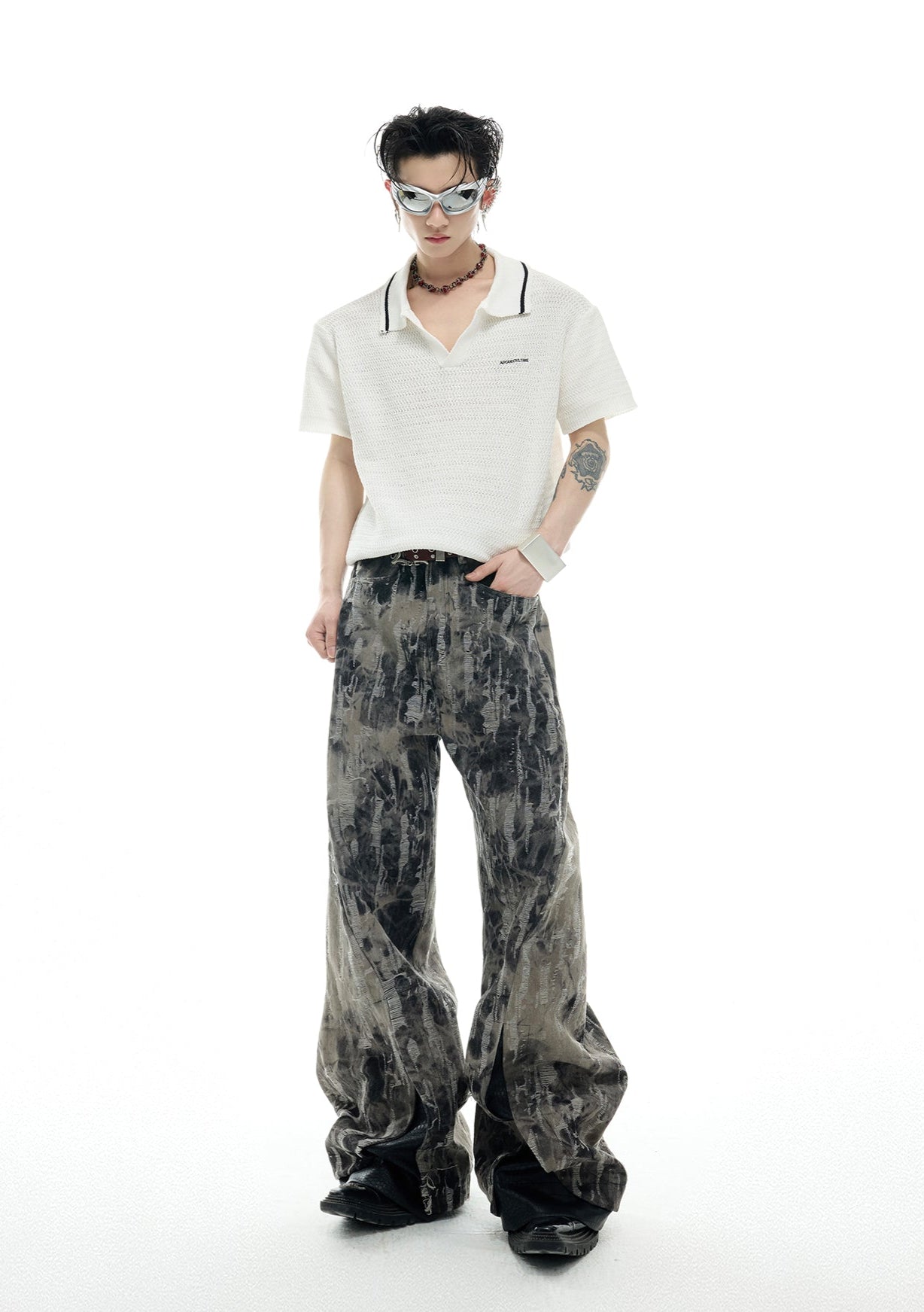 【25s May.】PU Leather Patchwork Ink-splashed Jeans