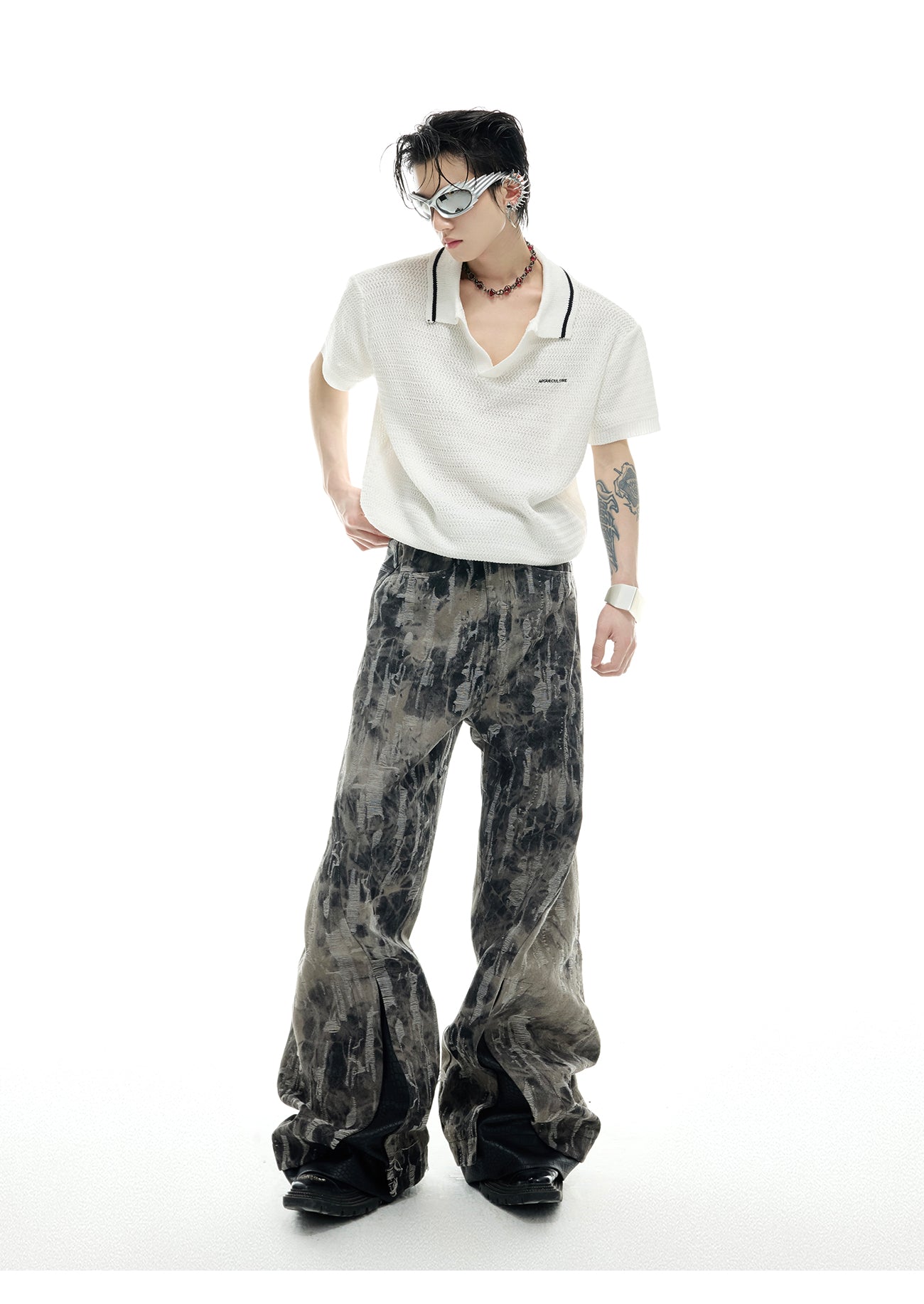 【25s May.】PU Leather Patchwork Ink-splashed Jeans