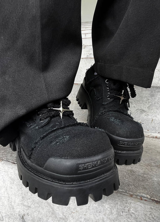 Four-pointed Star Hand-destroyed Denim Platform Derby Shoes ArtsKoreanMan
