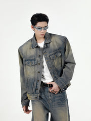 【24s Sep.】Retro Simple Padded Shoulder Denim Jacket Suit ArtsKoreanMan