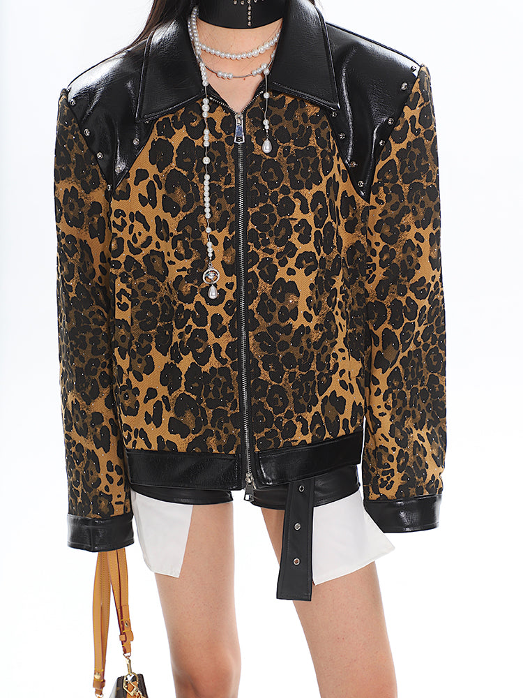 【24s Nov.】Leopard Print Motorcycle Jacket with Leather Lapel ArtsKoreanMan