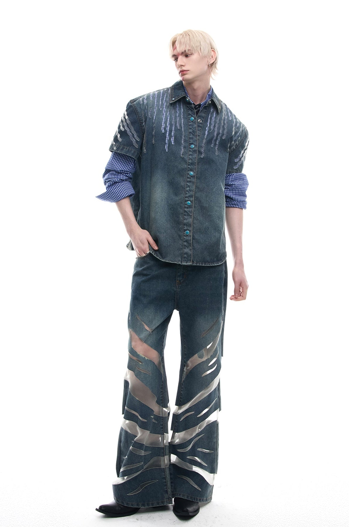 【25s Jun.】Splicing Hollow Short-Sleeved Denim / Mesh Splicing Jeans