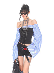 【24s Sep.】Vietnamese Niche Retro Striped Splicing Top + Shorts ArtsKoreanMan