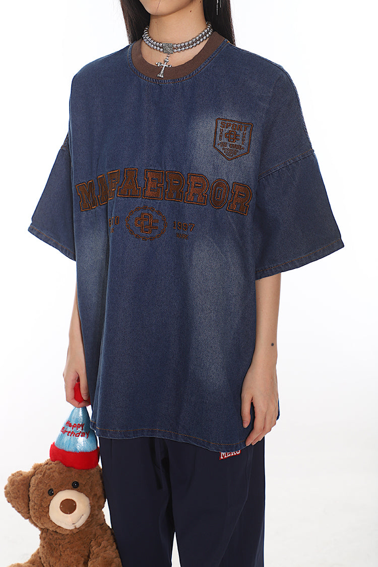 【24s July.】Lettering Embroidered Denim T-Shirt TrendyStyle101