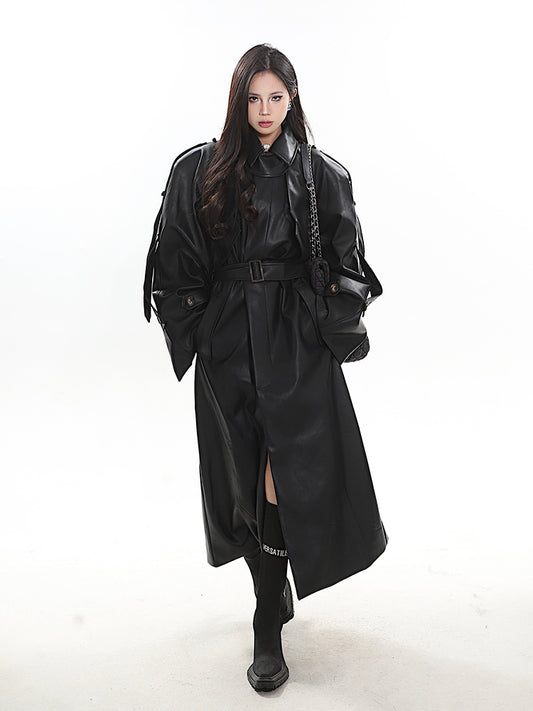 【23s December.】Long Belted Double-breasted Leather Coat ArtsKoreanMan