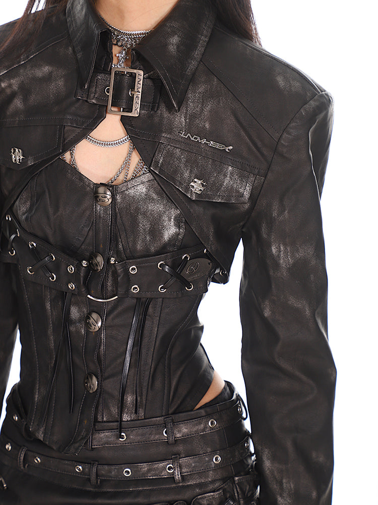 【24s Nov.】Polished Leather Metal Buckle Jacket + Vest + Skirt ArtsKoreanMan