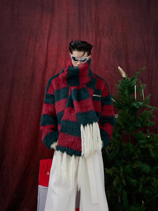 【23s December.】Christmas Imitation Mink Striped Thick Sweater(Comes with scarf) ArtsKoreanMan