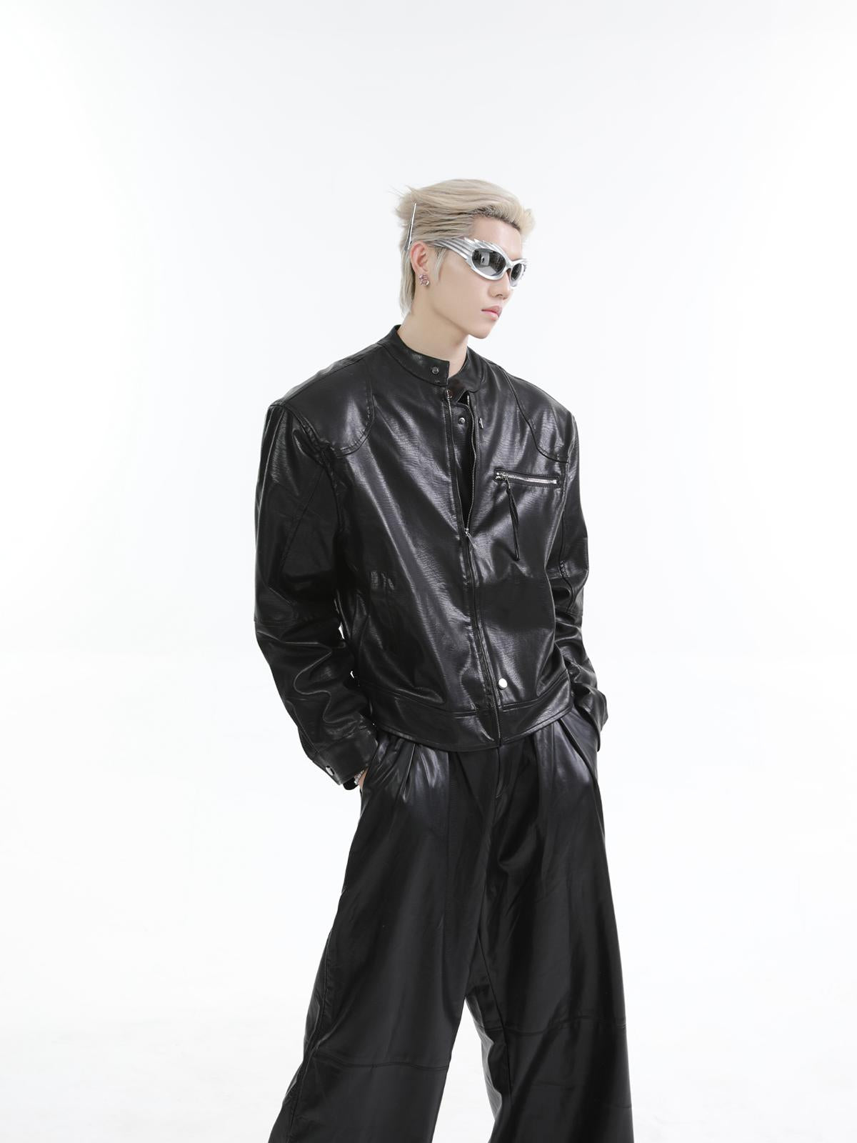 【25s Feb.】Stand Collar Shiny PU Short Leather Jacket