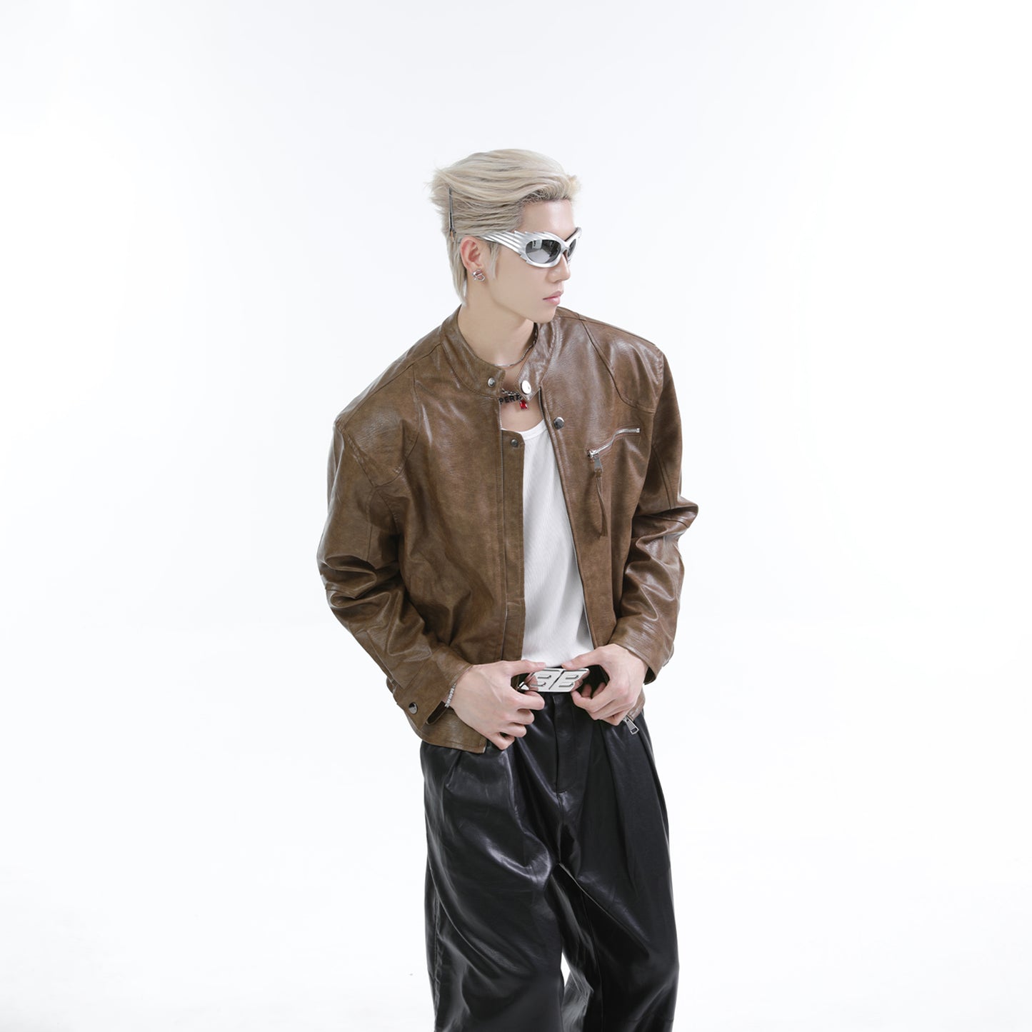 【25s Feb.】Stand Collar Shiny PU Short Leather Jacket