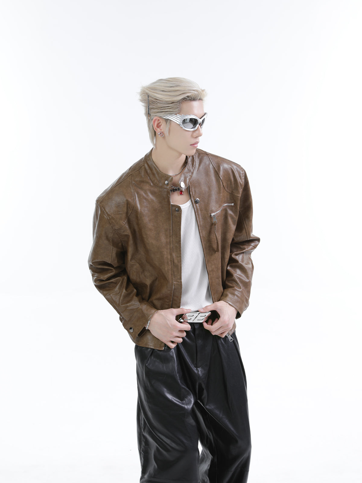 【25s Feb.】Stand Collar Shiny PU Short Leather Jacket
