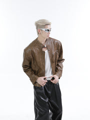 【25s Feb.】Stand Collar Shiny PU Short Leather Jacket