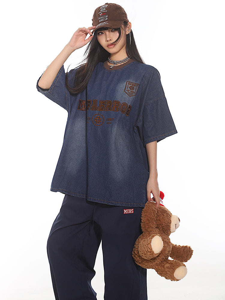 【24s July.】Lettering Embroidered Denim T-Shirt TrendyStyle101